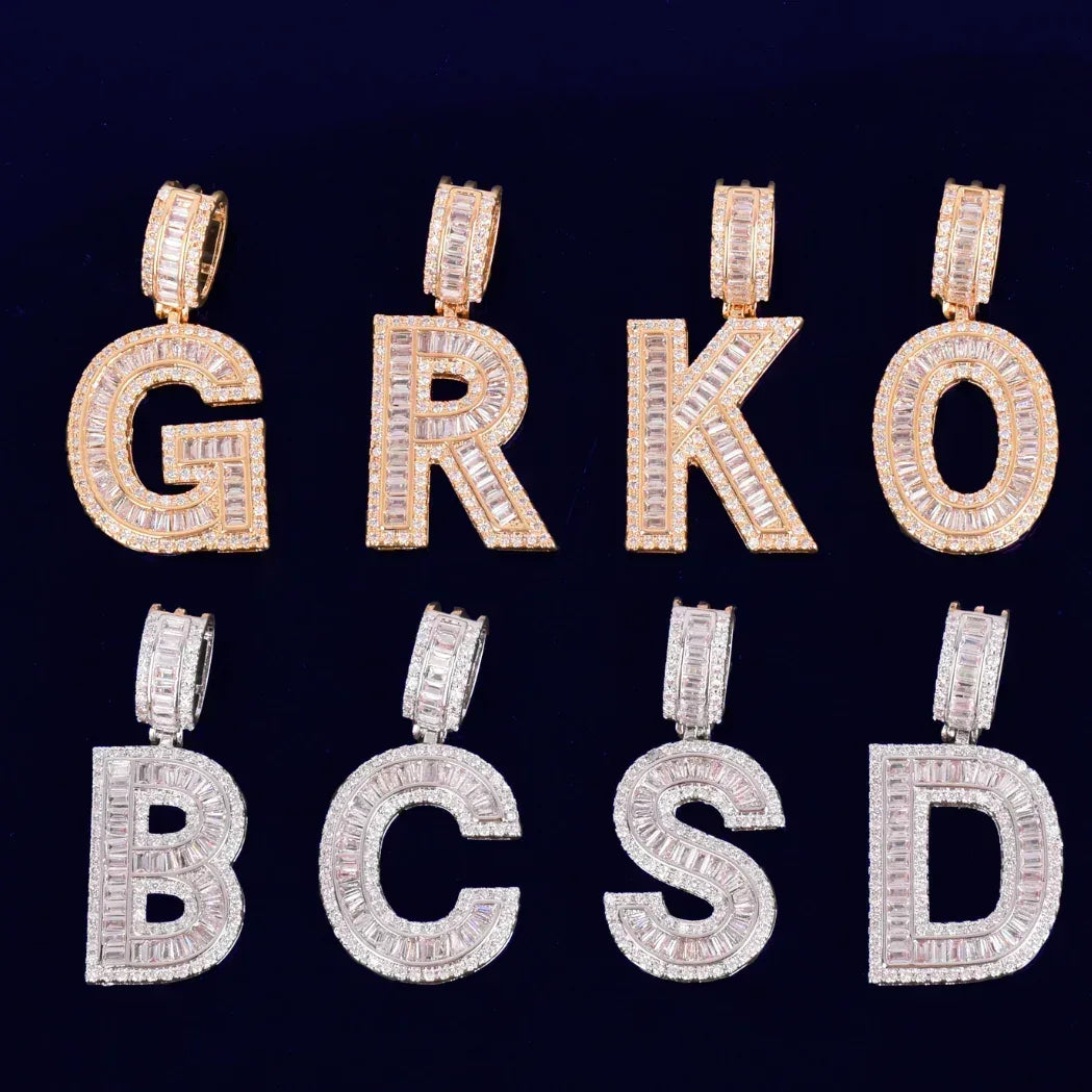 Solid Baguette Letters Iced Out Personalized Custom Name Necklace Pendant - Luxury Custom Jewelry - CaratixJewelry